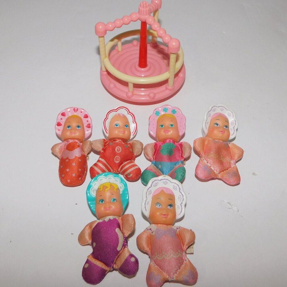 Lot 6 VTG 1989 Galoob So Small Babies 2.5" Mini Beanie Dolls & Merry Go Round